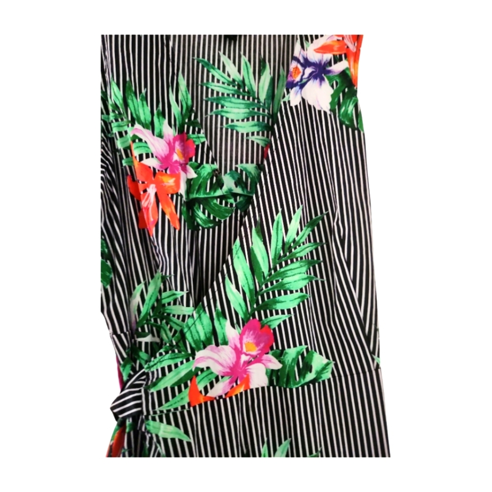 Wrap Dress Size S Vibrant Tropical Stripe  Sleeveless Black Pink Green